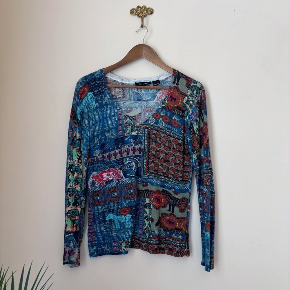 Desigual Faded Blue Boho Mixed Print V-Neck Sweater Small